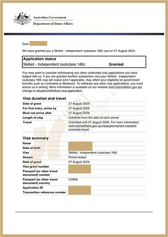 Grant notice for Subclass 189 visa for an offshore Landscape Architect.