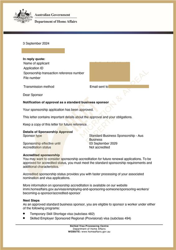 Approval letter for 5-year Standard Business Sponsorship for a real estate development company.