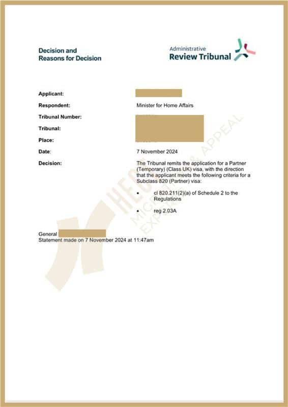ART decision letter remitting a refused partner visa application back to the Department of Home Affairs for reconsideration.