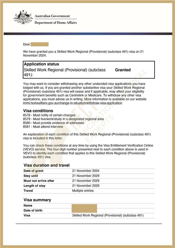 Grant notice for the Subclass 491 visa for a Multimedia Specialist in Tasmania.