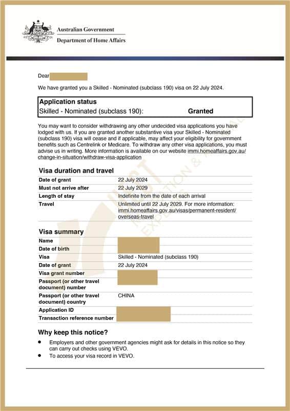 Grant notice for the NSW Subclass 190 Permanent Visa for an Electrical Engineer, processed by HECT.