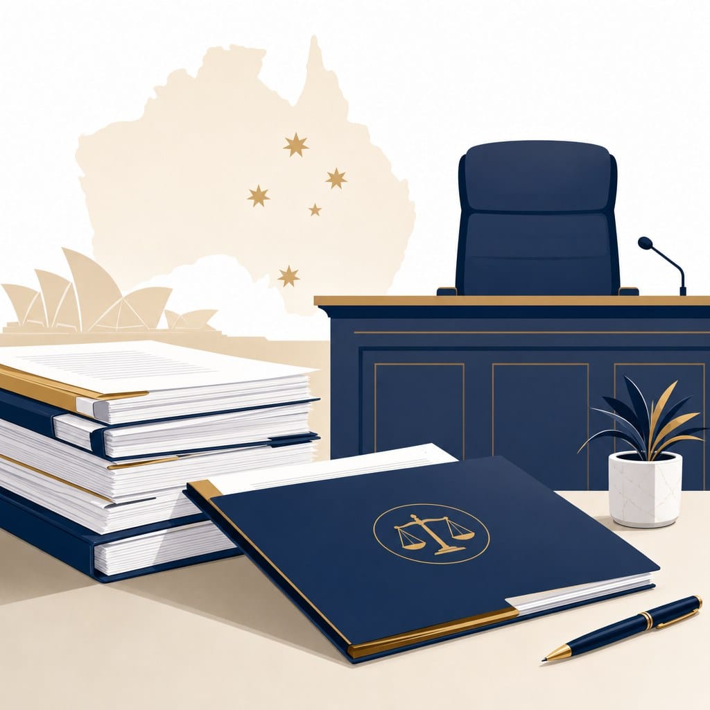 Written submission folder and documents beside an empty ART tribunal bench, representing a student visa refusal review decided on the papers