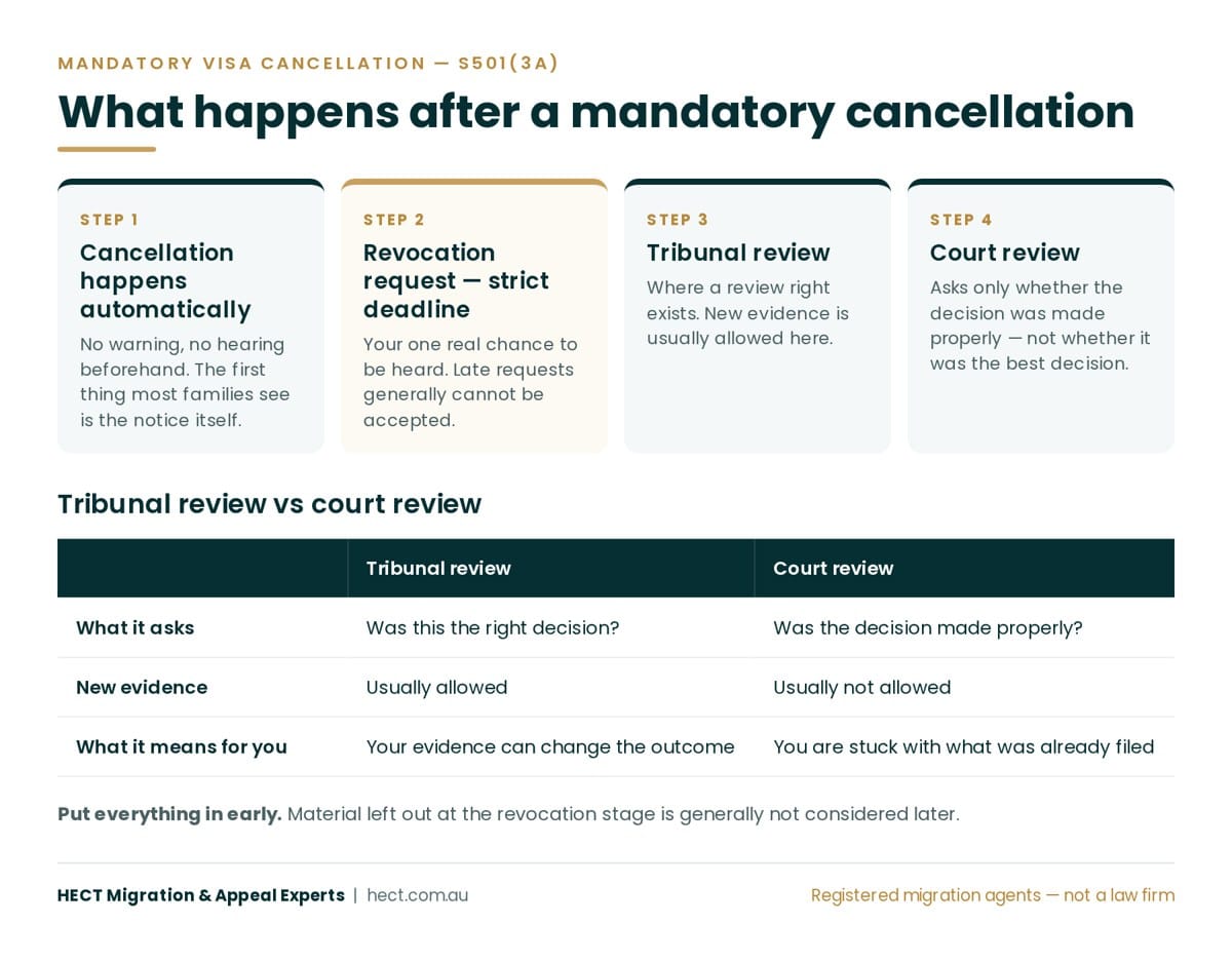 Infographic showing the four stages after a mandatory visa cancellation and the difference between Tribunal review and court review