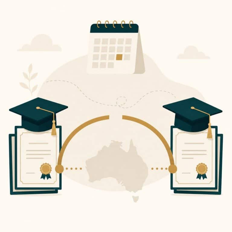 Illustration of a study pathway made up of two courses with a gap between them, for the subclass 485 study requirement