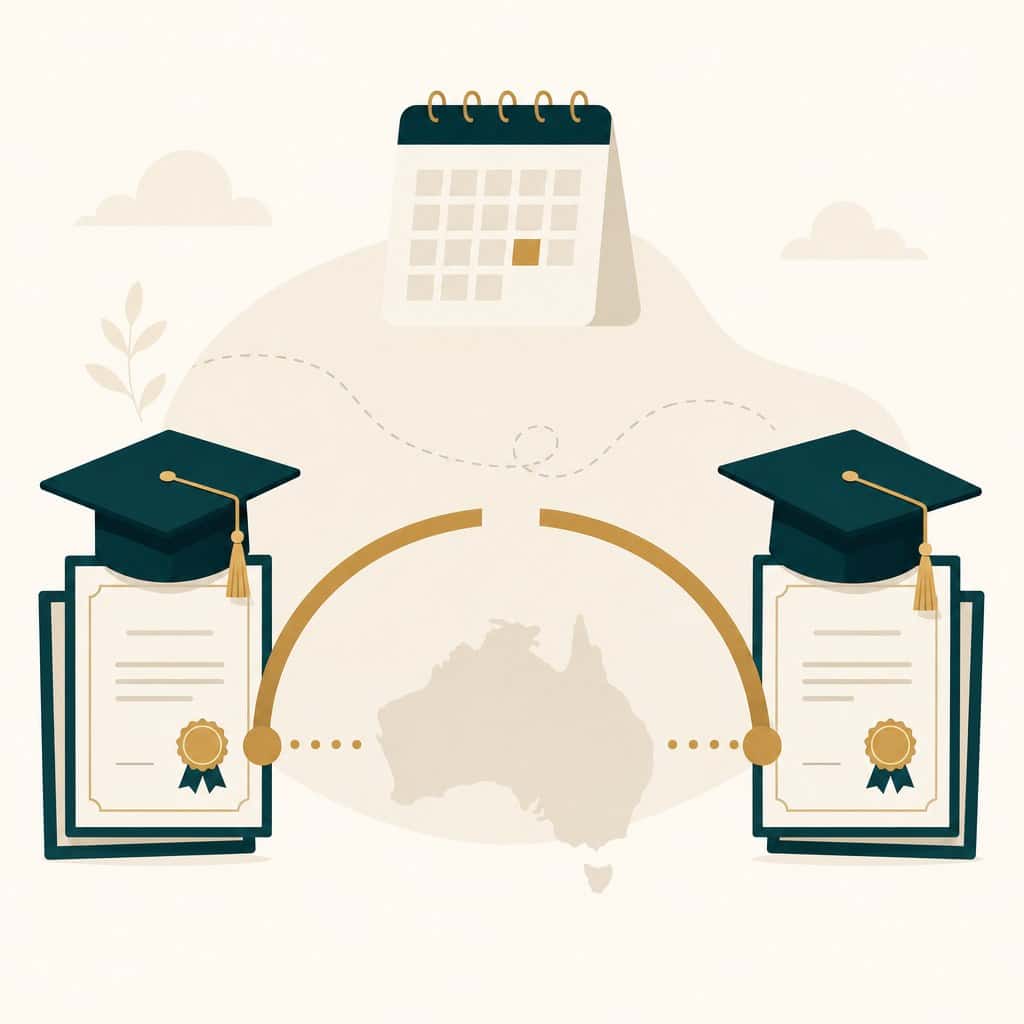 Illustration of a study pathway made up of two courses with a gap between them, for the subclass 485 study requirement