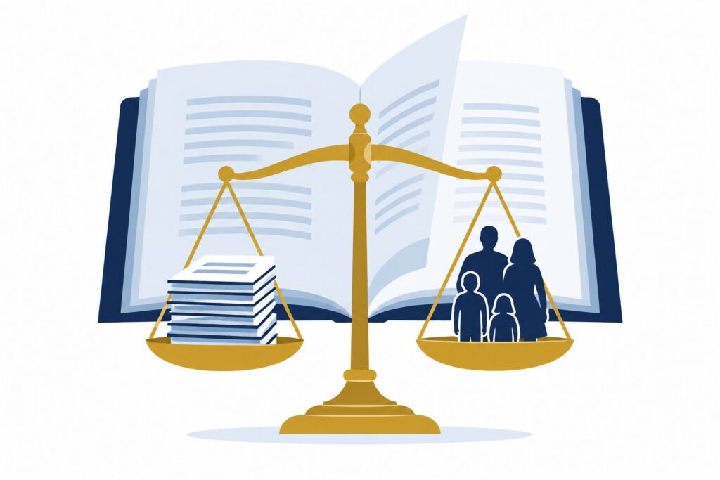 Ministerial Direction 123 illustration: balance scale weighing documents against a family, with an open rulebook behind