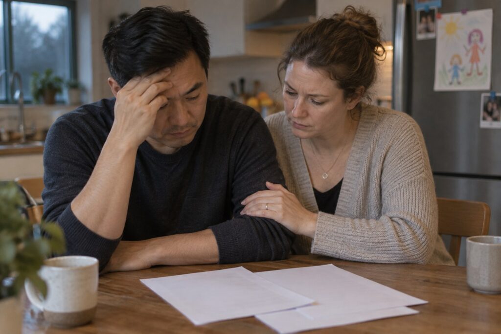 A worried couple at their kitchen table looking at papers together